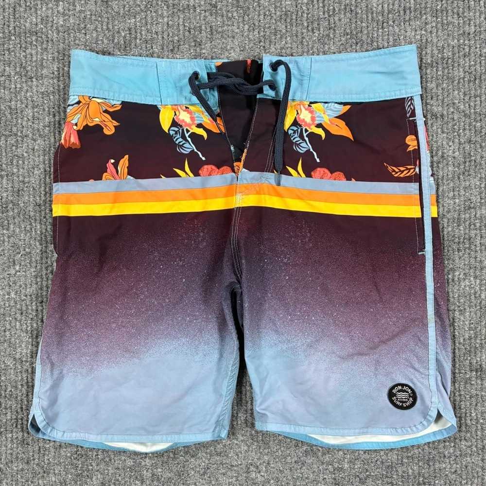 Ron Jon Surf Shop Board Shorts Mens Size 32 Floral Stripe Swim Trunks Surf Beach
